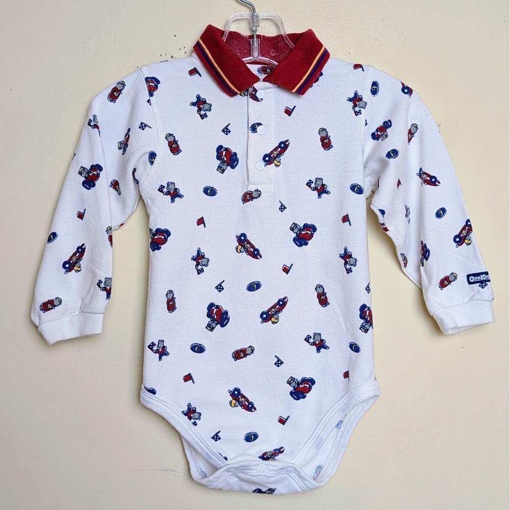 Vintage Osh Kosh B'gosh Race Car Bears Bodysuit USA Baby Boys 12 Months